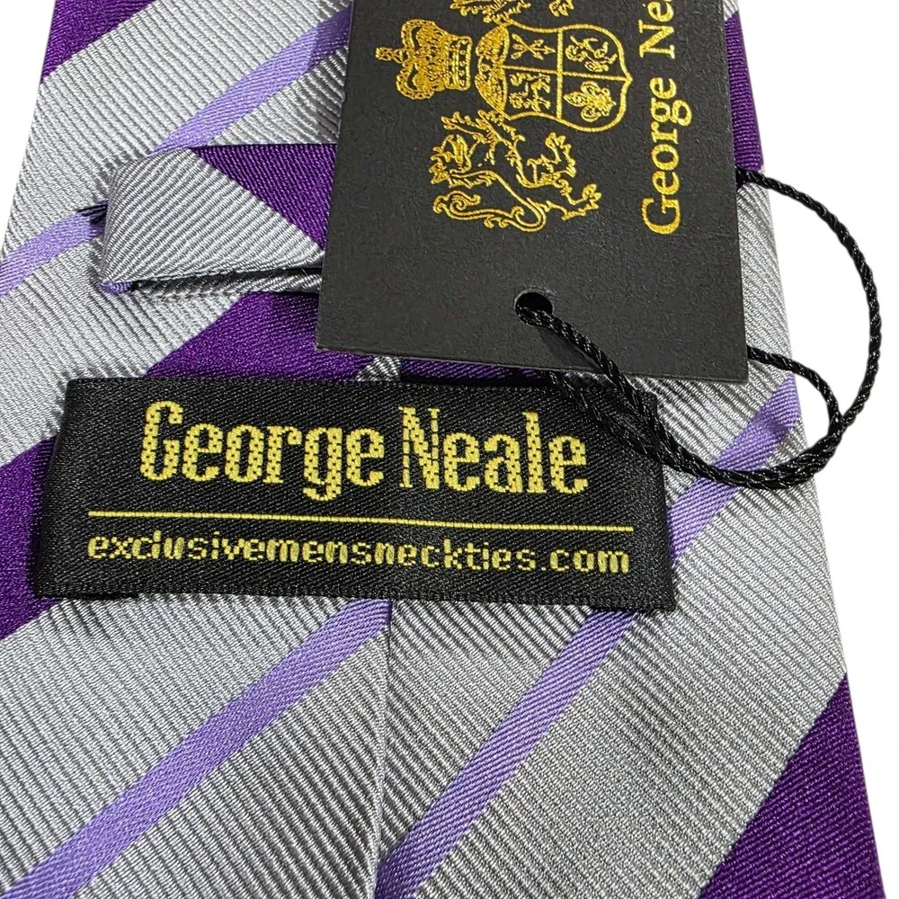 NWT George Neale Mens REPP Striped Silk‎ Necktie Purple Grey Formal Business